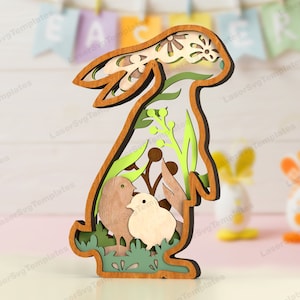 Découpage laser multicouche décoration de table lapin de Pâques modèle svg Glowforge 3D multicouche en bois lapin de Pâques décoration de table dxf coupe plan