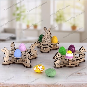 3 soportes para huevos de conejo de Pascua cortados con láser archivo SVG Glowforge soporte para huevos paquete plantilla SVG soporte para huevos de Pascua dxf CNC corte láser de Pascua