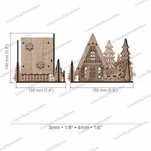 May include: A wooden Christmas village scene with a house, trees, and a sleigh with reindeer. The scene is 7.4 inches wide and 5.5 inches tall. The wood is 1/8 inch thick.