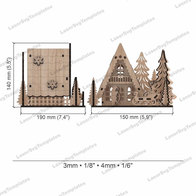 May include: A wooden Christmas village scene with a house, trees, and a sleigh with reindeer. The scene is 7.4 inches wide and 5.5 inches tall. The wood is 1/8 inch thick.