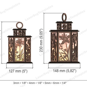 May include: Two wooden laser cut lanterns with floral designs. The larger lantern is 9.05 inches tall and 5.82 inches wide. The smaller lantern is 7.87 inches tall and 5 inches wide.