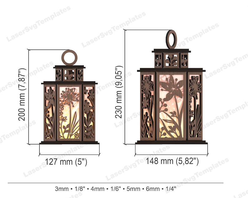 May include: Two wooden laser cut lanterns with floral designs. The larger lantern is 9.05 inches tall and 5.82 inches wide. The smaller lantern is 7.87 inches tall and 5 inches wide.