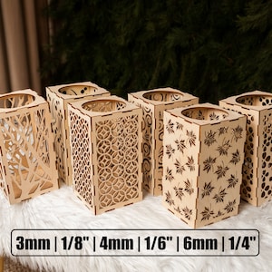 Suporte de vela de corte a laser 6 padrão modelo svg Glowforge candeeiro de mesa de madeira svg cricut Lanterna dxf plano de corte cnc vetor download digital