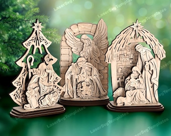 May include: Three wooden Christmas nativity scene figurines. The figurines include a Christmas tree with a shepherd, an angel with Mary and Joseph, and a stable scene with Mary, Joseph, and baby Jesus. The figurines are made of light brown wood.