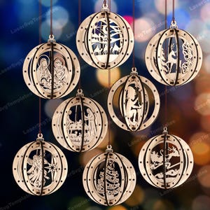 Lot de 8 boules de Noël 3D découpées au laser fichier svg Glowforge, boules de Noël, décoration d'arbre svg, ornements de la Nativité, dxf cnc