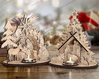 May include: Two wooden Christmas nativity scene candle holders. One depicts the nativity scene inside a cave, the other inside a Christmas tree. Each has a candle holder and is made of light brown wood. The text "LaserSvg Templates" is visible.