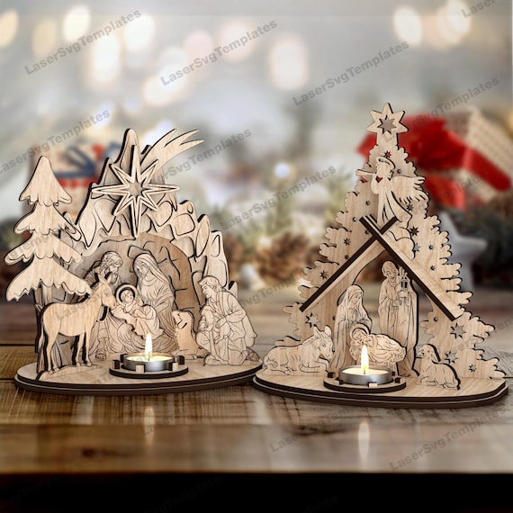 2 Nativity Scene SVG Laser Cut Tealight Candle Holder Christmas Decor