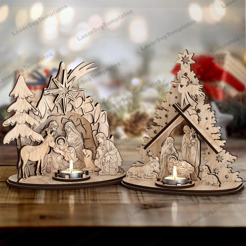 May include: Two wooden Christmas nativity scene candle holders. One depicts the nativity scene inside a cave, the other inside a Christmas tree. Each has a candle holder and is made of light brown wood. The text "LaserSvg Templates" is visible.