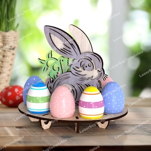 Plantilla svg de soporte para huevos redondos de conejo de Pascua cortado con láser Paquete de soporte para huevos Glowforge svg Cricut Plantilla de vector cnc para soporte para huevos de Pascua dxf