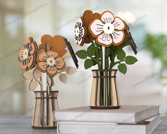 Vase En Bois Puzzle DIY – Bouquet De Fleurs 3D – Décoration De Table – Kit à Assembler 16,7 X 15,5 Cm