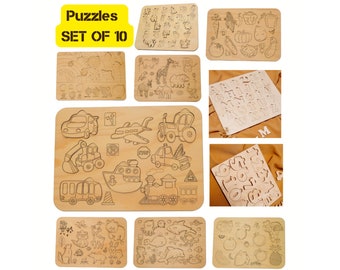 10 Kids Puzzle SVG Bundle Laser Cut Wooden Montessori Animal Vehicle Number Educational Toy