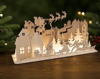 Christmas Village SVG Laser Cut Multilayer Standing Santa Scene Table Decoration
