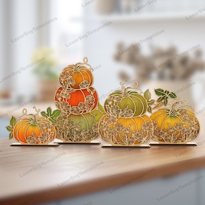 Découpé au laser, décoration de table florale citrouille empilée fichier svg Glowforge multicouche citrouille, décor de scène en bois svg citrouille de ferme dxf cnc