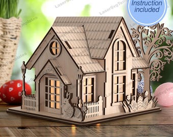 3D Easter Bunny House SVG Laser Cut Tealight Lantern Candle Holder