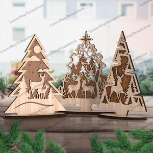 Ornamenti di cervi dell'albero di Natale in piedi, file svg tagliato al laser, Glowforge, decorazioni per l'albero di Natale, modello vettoriale dxf, decorazioni per il tavolo dell'albero di Natale