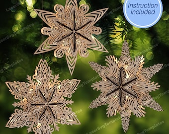 3 Christmas Ornament SVG Bundle Laser Cut 3D Star Snowflake Tree Hanging Decor