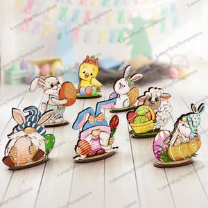 Gnome lapin de Pâques debout décoration 7 bundle fichier svg découpé au laser Glowforge lapin de Pâques décoration de table laser dxf modèle vectoriel laser de Pâques