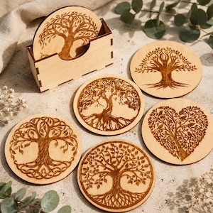 6 Tree of Life Coaster SVG Laser Cut Holder Drink Cup Mat Set Engraved