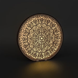 Découpé au laser Mandala veilleuse lampe fichier svg Glowforge mandala décoratif lampe de table ronde svg cricut DXF lanterne en bois vecteur plan modèle