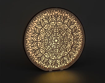 Laser cut Mandala night light lamp svg file Glowforge decorative mandala round table lamp svg cricut DXF Wooden lantern vector plan pattern