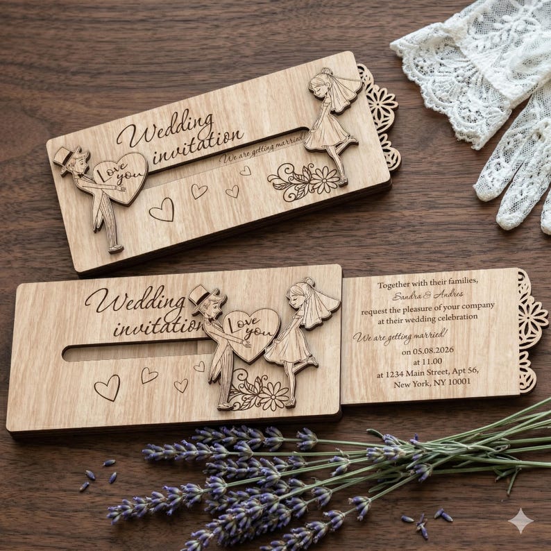 6 Wedding Invitation SVG Laser Cut Wooden Couple Card image 11