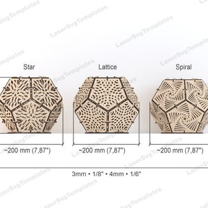 May include: Three wooden geometric shapes with intricate laser cut designs. The shapes are labeled "Star", "Lattice", and "Spiral". Each shape is approximately 8 inches in diameter.