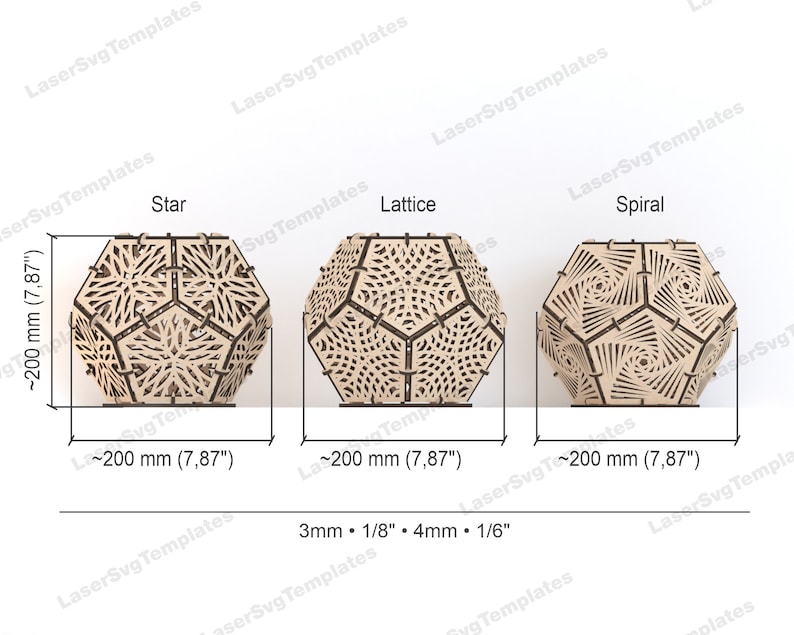 May include: Three wooden geometric shapes with intricate laser cut designs. The shapes are labeled "Star", "Lattice", and "Spiral". Each shape is approximately 8 inches in diameter.