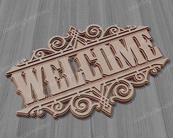 以下が含まれることがあります： 複雑なスクロールワークと「WELCOME」という文字がレイヤー状にカットされた木製看板。看板は薄い茶色の木でできており、素朴でヴィンテージな外観です。