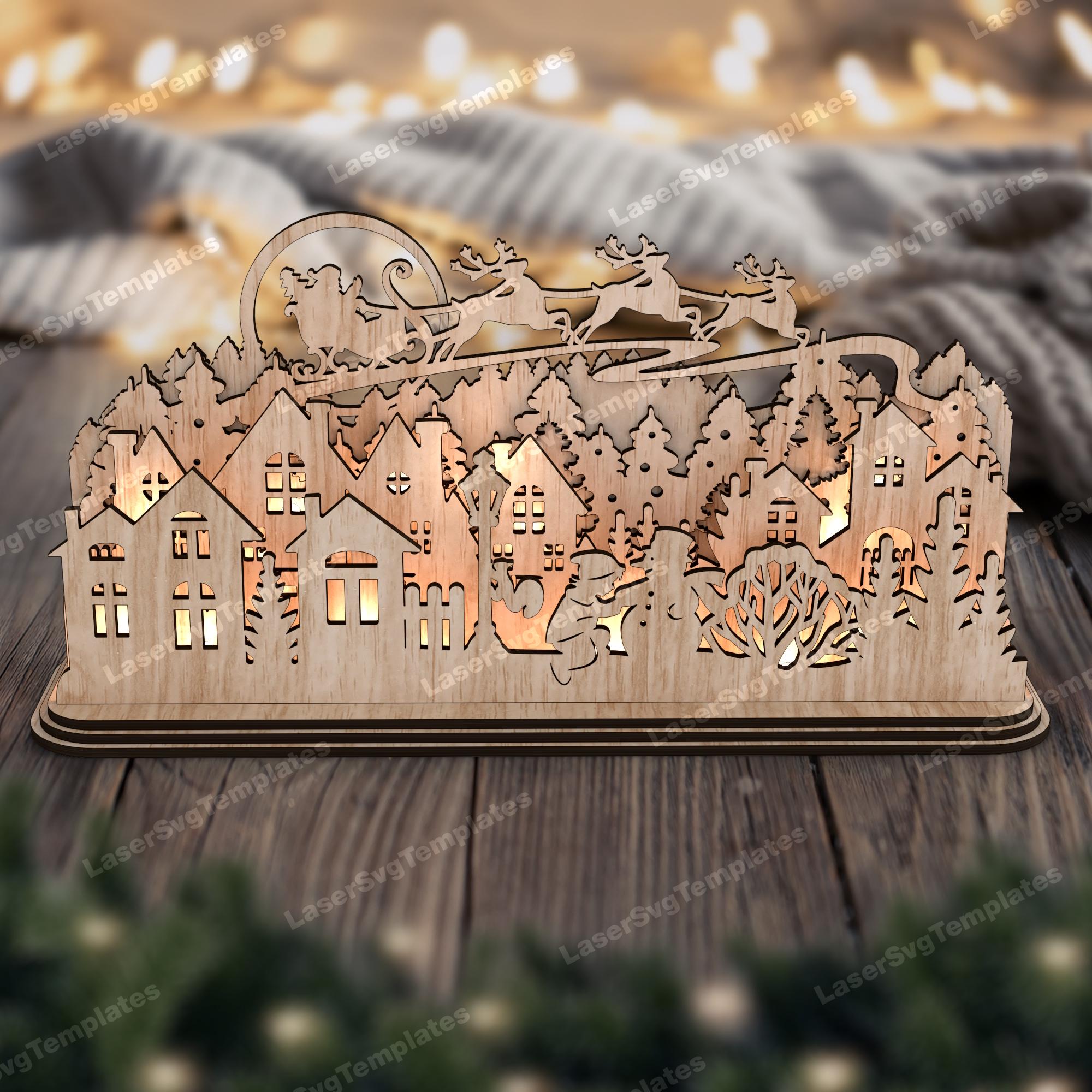 Christmas Scene Santa Reindeer Table Decoration Laser Cut Svg File