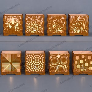 Plantilla svg de paquete de portavelas cortado con láser Lámpara de mesa Glowforge cnc vector Linterna láser Plan de corte dxf Descarga instantánea