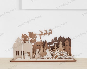 Laser Cut Christmas Village Scene SVG Santa Sleigh Night Decor
