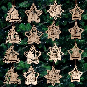 Enfeites de estrela da natividade 16 pacote corte a laser arquivo svg Glowforge enfeites de bola de natal decoração de árvore svg vetor bolas de árvore de natividade dxf