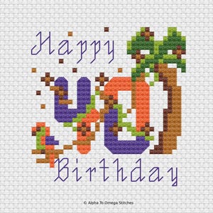 Carte de joyeux anniversaire joyeux 40e anniversaire au point de croix - numéro 40e anniversaire avec oiseau tropical et cocotier - modèle numérique carte de joyeux anniversaire