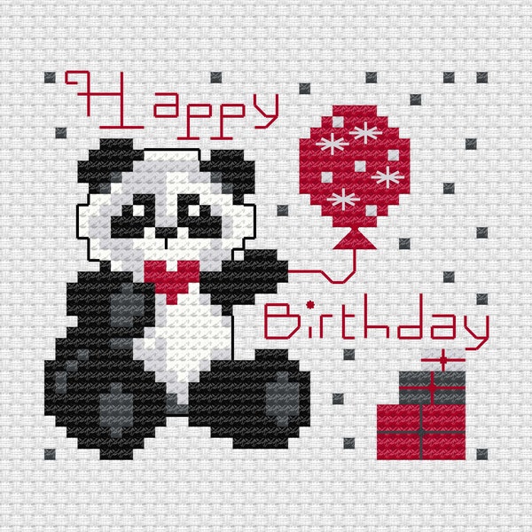 Cute panda bear with balloon Happy Birthday wishes cross stitch digital pattern PDF for cards - Digital chart - PDF File instant download