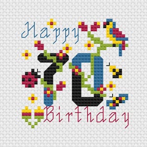 Alles Gute zum Geburtstag Kreuzstichkarte, Kreuzstich PDF Muster, alles Gute zum Geburtstagkarte Sofortiger digitaler Download, Blumen schwarz und blau Zahlen