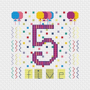 Modèle de carte 5e anniversaire au point de croix - Grille numérique PDF au point de croix - Numéro cinq avec des ballons pour décoration de chambre d'enfant - Téléchargement immédiat