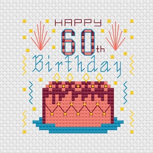 Joyeux 60e anniversaire carte point de croix - gâteau 60e anniversaire - fichier PDF à téléchargement instantané - modèle numérique - carte d'anniversaire - carte numérique