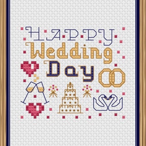 Happy Wedding Day Digital PDF Cross Stitch Pattern - Wedding card congratulations in blue and gold - Instant Download - Wedding Day wishes