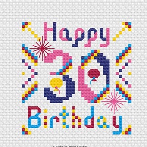 Carte de joyeux anniversaire 30e anniversaire au point de croix, grille PDF - numéro 30e anniversaire rose bleu jaune rouge - motif numérique carte de joyeux anniversaire