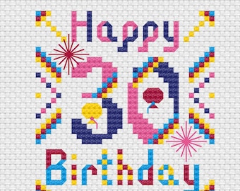 Puede incluir: Un patrón de punto de cruz sobre tela Aida blanca con el texto Happy 30th Birthday en letras pixeladas azules, rosas y amarillas. El diseño incluye bordes geométricos coloridos, detalles de estrellas y pequeños motivos de globos.