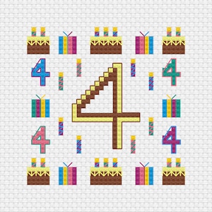Ponto cruz de 4º aniversário, padrão digital PDF, friso de número de berçário - Gráfico digital - Download instantâneo de arquivo PDF