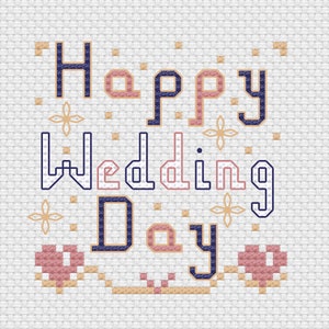 Tarjeta del Día de la Boda Feliz - Patrón de punto de cruz PDF digital en azul y rosa - Descarga instantánea - Recuerdo de felicitaciones de boda