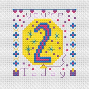 Vous êtes deux aujourd'hui, modèle de carte au point de croix - joyeux 2e anniversaire numérique PDF au point de croix pour chambre d'enfant - ballon jaune numéro deux
