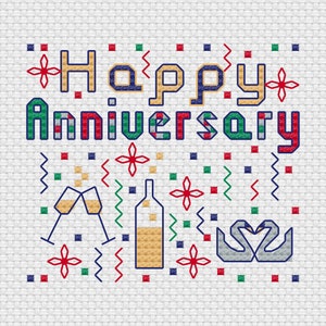 Gelukkige verjaardag kruissteek wenskaart met champagne en zwanen, digitaal patroon PDF - digitale grafiek - PDF-bestand direct downloaden