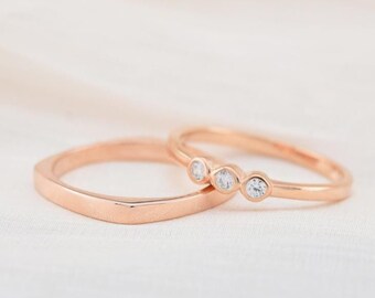 Three Stone Engagement Wedding Ring Set, Sterling Silver Bridal Ring Rose Gold Plated, Wedding Jewelry