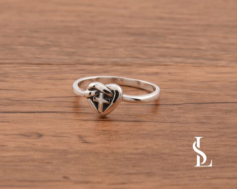 Women's Heart Loop Cross Ring Sterling Silver * Christian Jewelry Gifts * Purity Ring for Her * Rings for Best Friend * Promise Ring for Her image 2