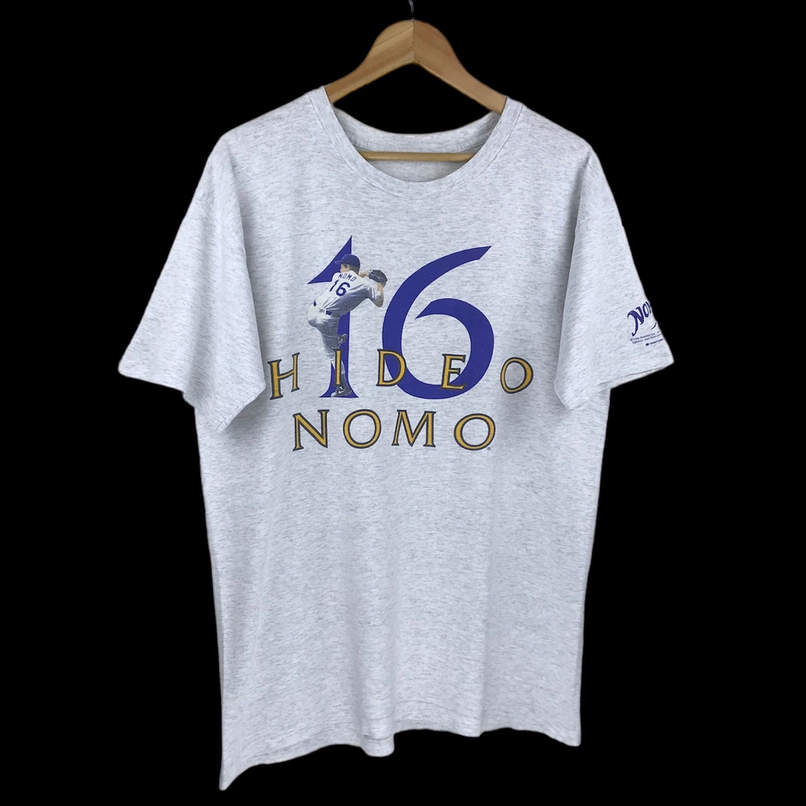 Vintage 90's L.A. DODGERS Nomo #16 MLB Front & Back Spell Out Graphic Grey  Color T-Shirt Adult Extra Large Size - BIDSTITCH