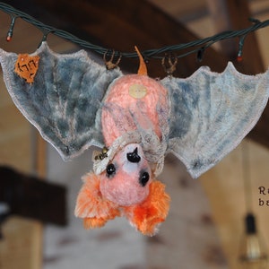 Halloween bat, stuffed plush bat toy by RatBerry, cute orange-blue plushie bat, Halloween gift, bright orange plush fluffy bat