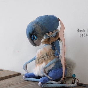Blue Goth bunny 8/11&quot;. Creepy plush toy by RatBerry. Halloween poseable bjd animal doll - gothic stuffed rabbit