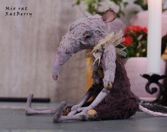 ADULT Mixed boy rat. Easter baskets toy mouse. RatBerry creepy doll rat. Poseable creature. Miniature handmade mouse figurine/Goth plush toy